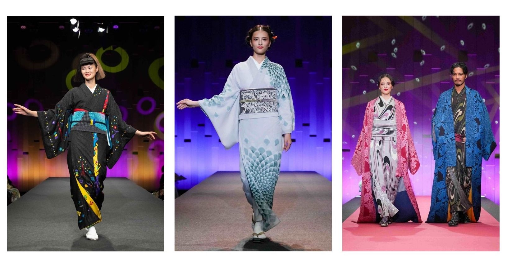 Estilos de kimono modernos que muestran colores contemporáneos y patrones atrevidos, manteniendo al mismo tiempo la construcción tradicional.