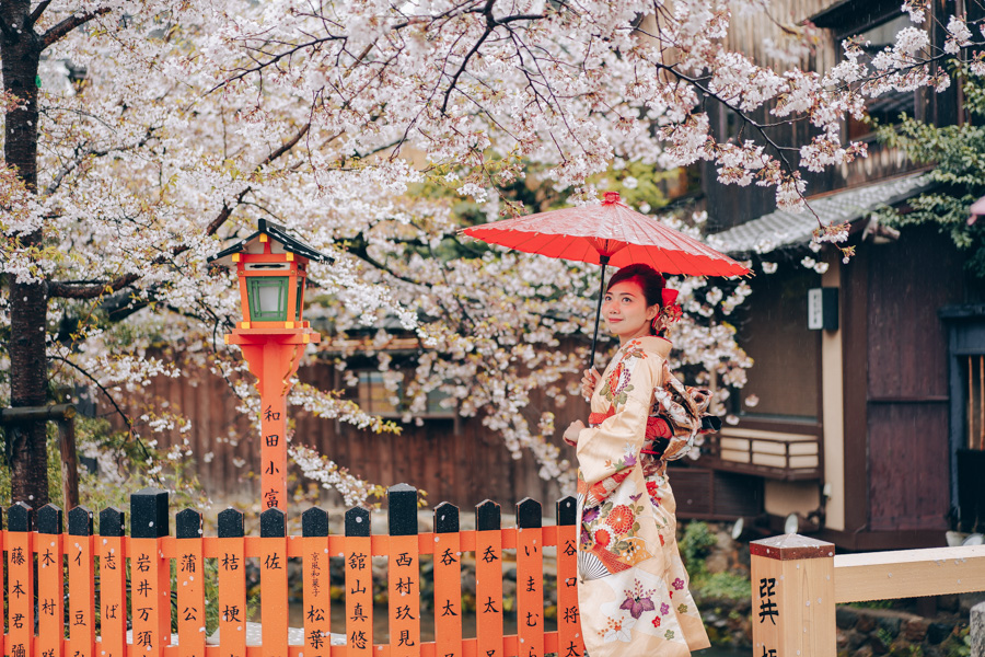 Sesión de fotos profesional con kimono durante la temporada de sakura en Kioto, que muestra a una elegante pareja con vestimenta tradicional entre flores de cerezo, lo que representa la mejor experiencia de fotografía con kimono en la antigua capital de Japón.