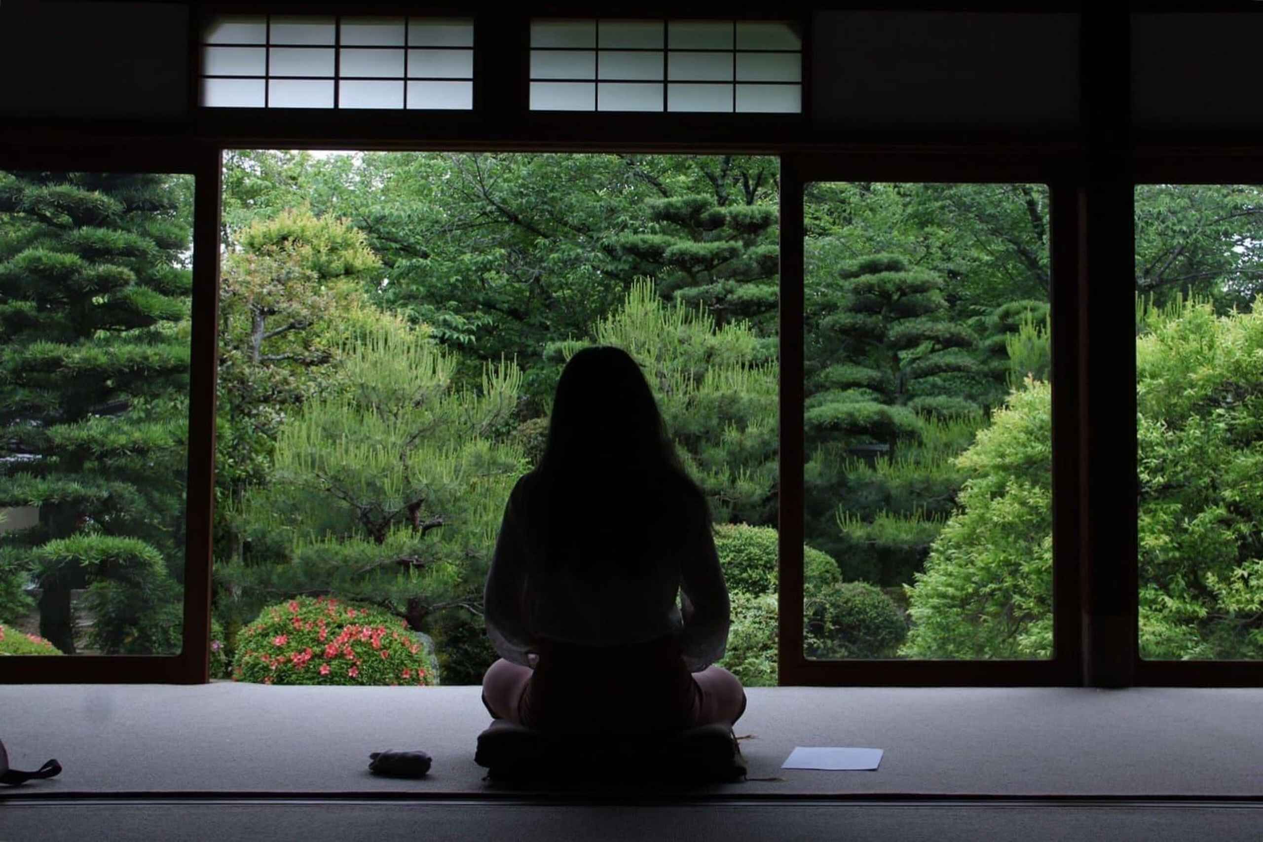 Interior de templo zen tranquilo con arquitectura tradicional e iluminación natural, que crea una atmósfera serena para la meditación y la reflexión espiritual en un auténtico entorno de templo japonés.