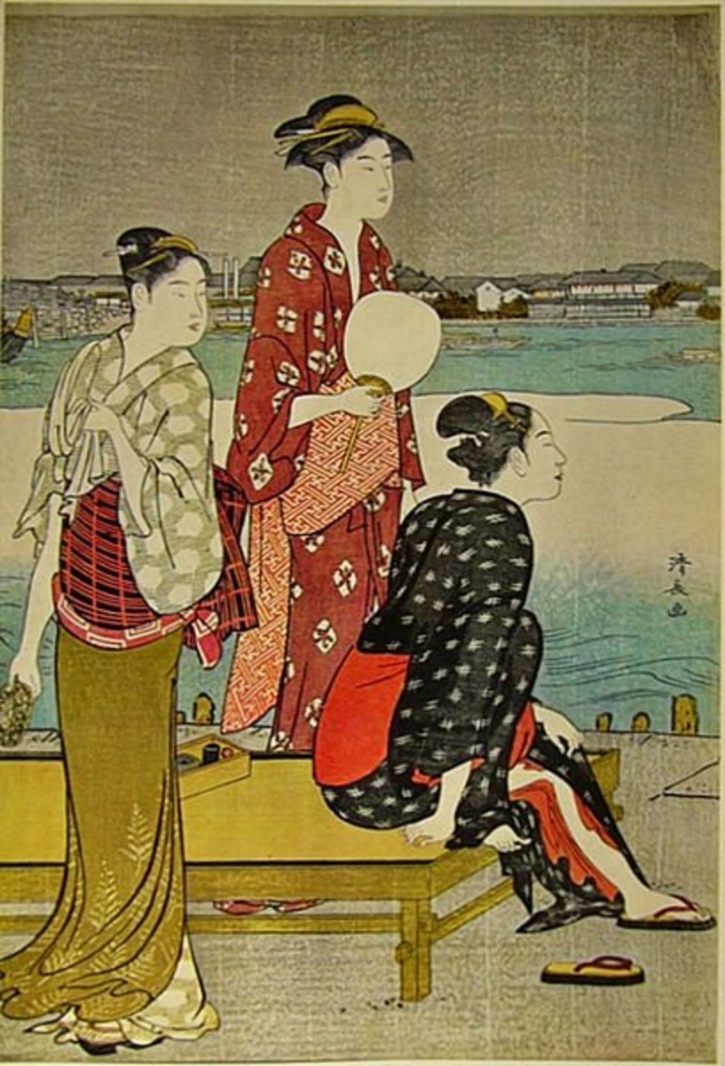 Kimono de clase comerciante del período Edo con patrones y diseños elaborados que muestran la riqueza exhibida a través de la vestimenta tradicional japonesa a pesar de las restricciones sociales.