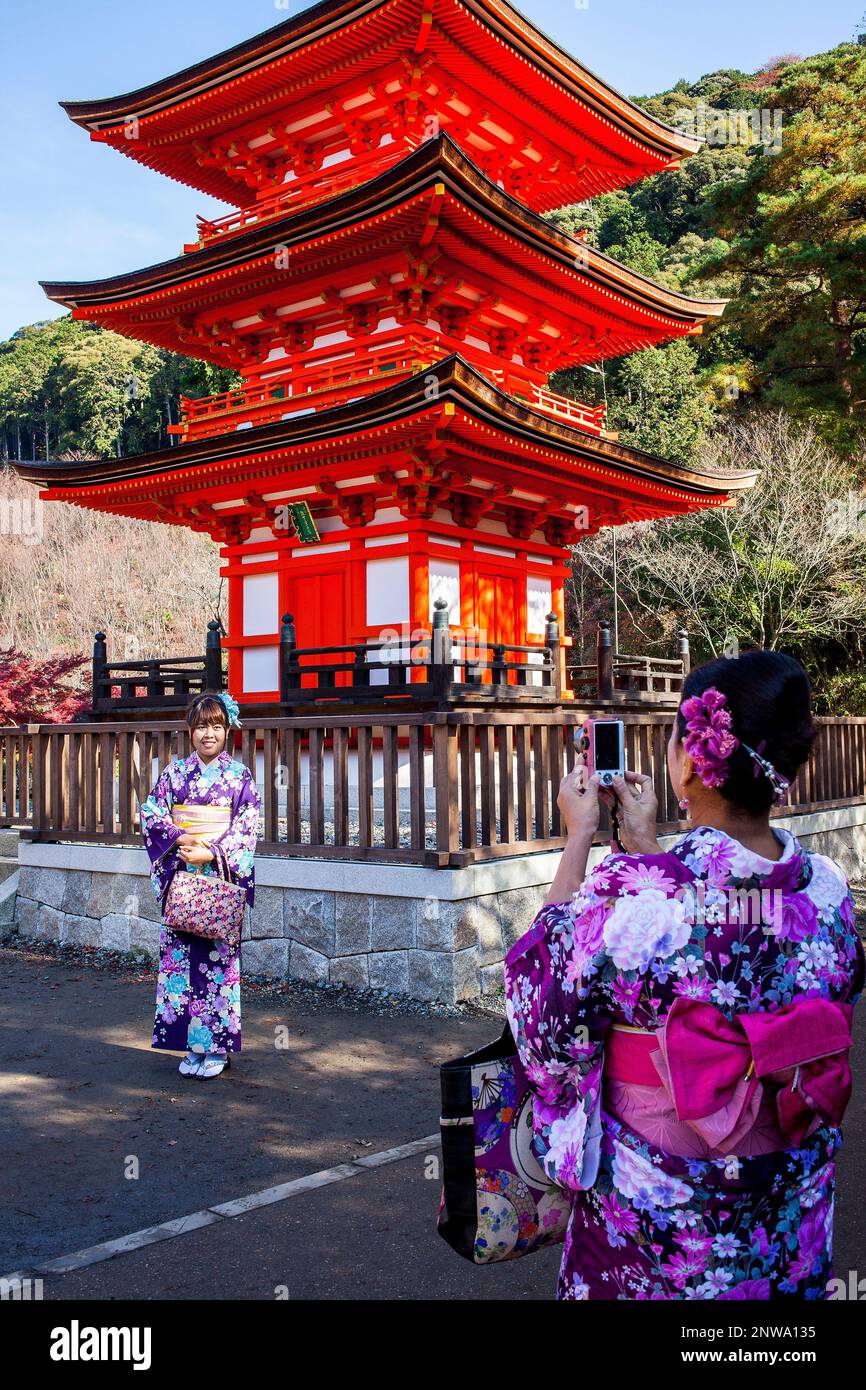 Mujer elegante con kimono tradicional en el templo Kiyomizu-dera de Kioto con una pagoda histórica, que representa el impacto cultural a largo plazo y la transformación personal.