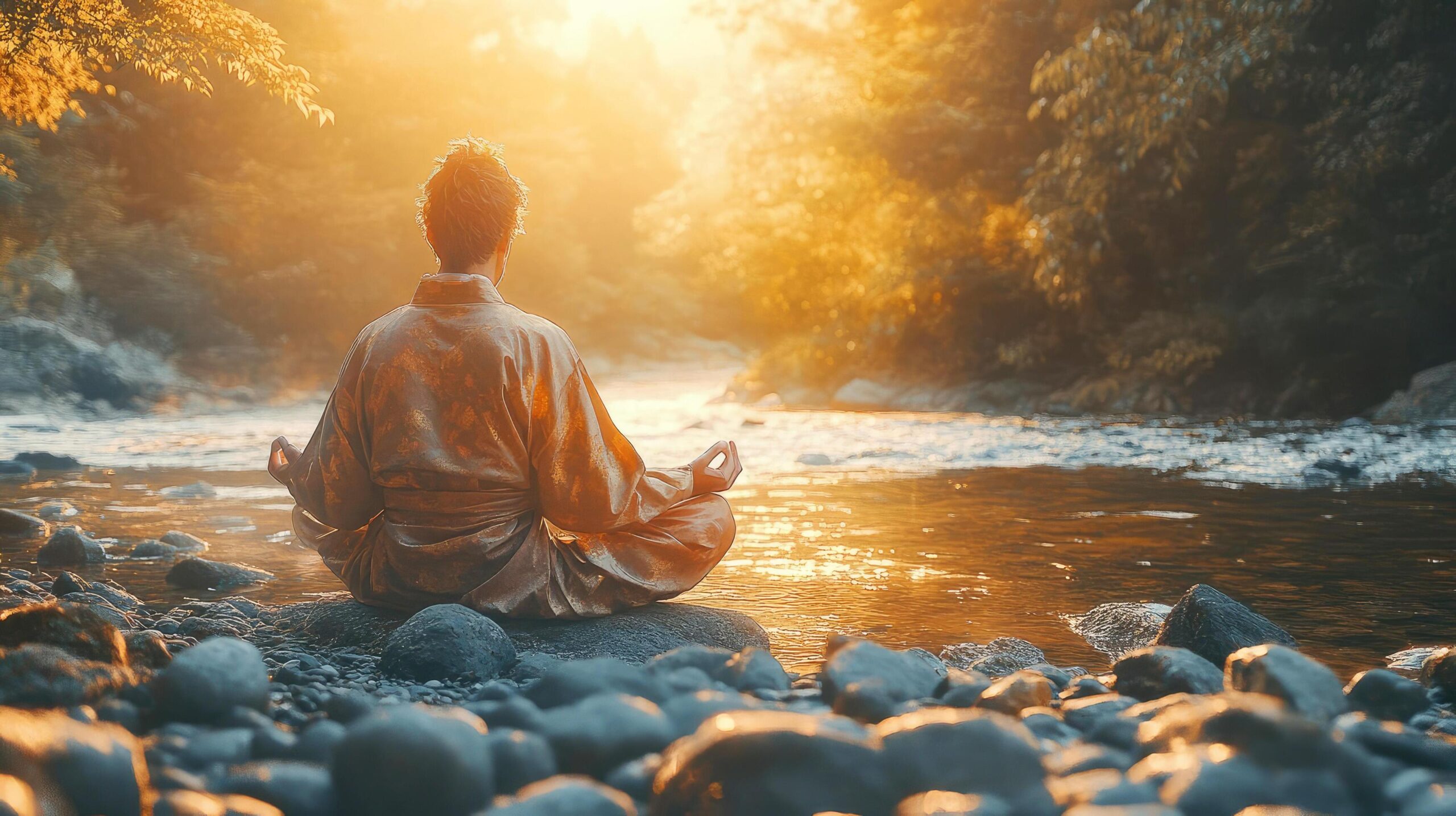Escena serena de fotografía de kimono al atardecer junto al río que muestra condiciones óptimas de iluminación natural con una cálida luz dorada que ilumina el kimono japonés tradicional en un entorno natural tranquilo.